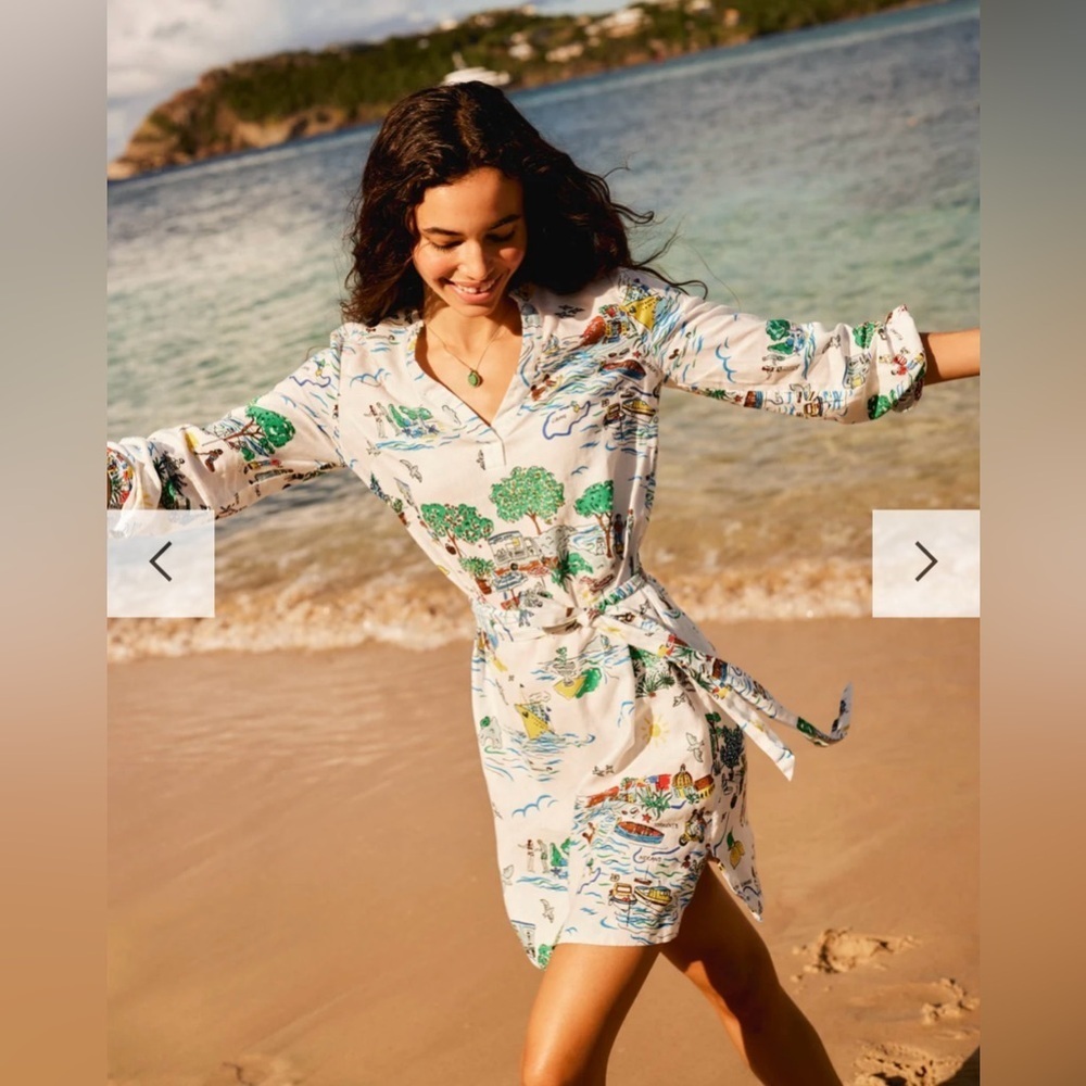 BODEN | CLEO LINEN TIE WAIST DRESS IN IVORY AMALFI COAST PRINT SIZE 6